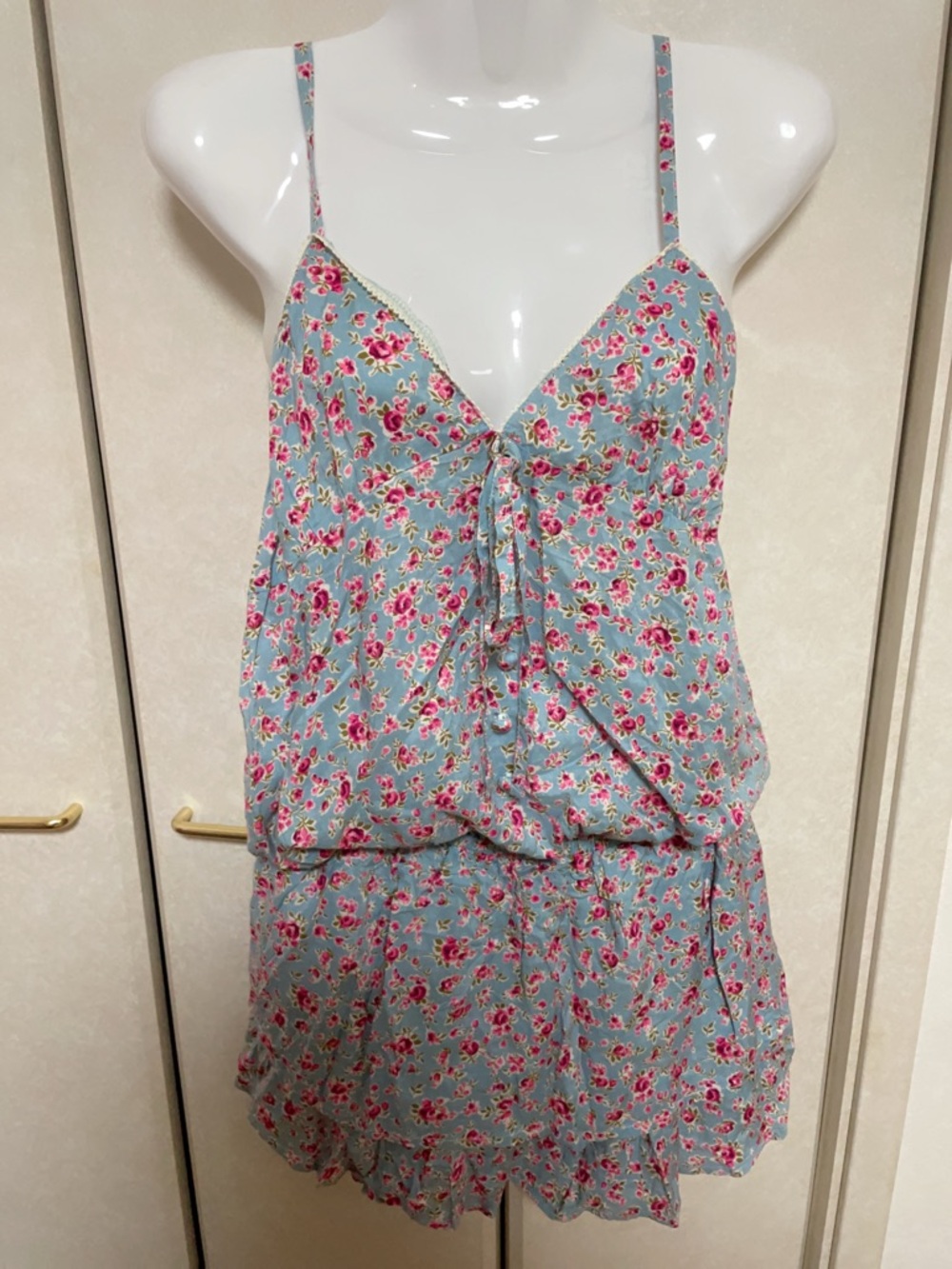 Floral Spaghetti-Strap Romper in Light Blue